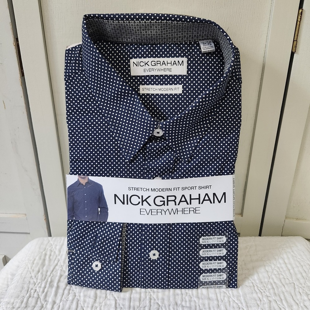NICK GRAHAM Everywhere Stretch Modern‎ Fit Shirt  SZ 17-17.5 34-35 XL Navy NWT